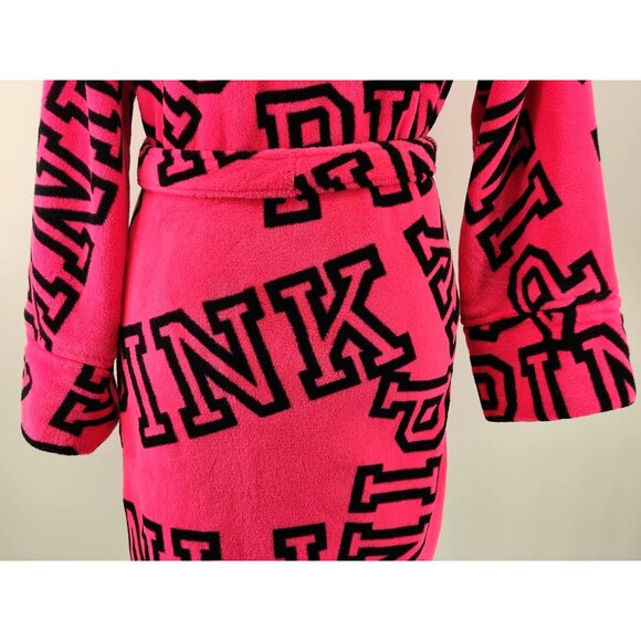 Victoria Secret Pink Size M Hot Pink Logo in Black Fleece Bathrobe with Belt - Picture 8 of 11